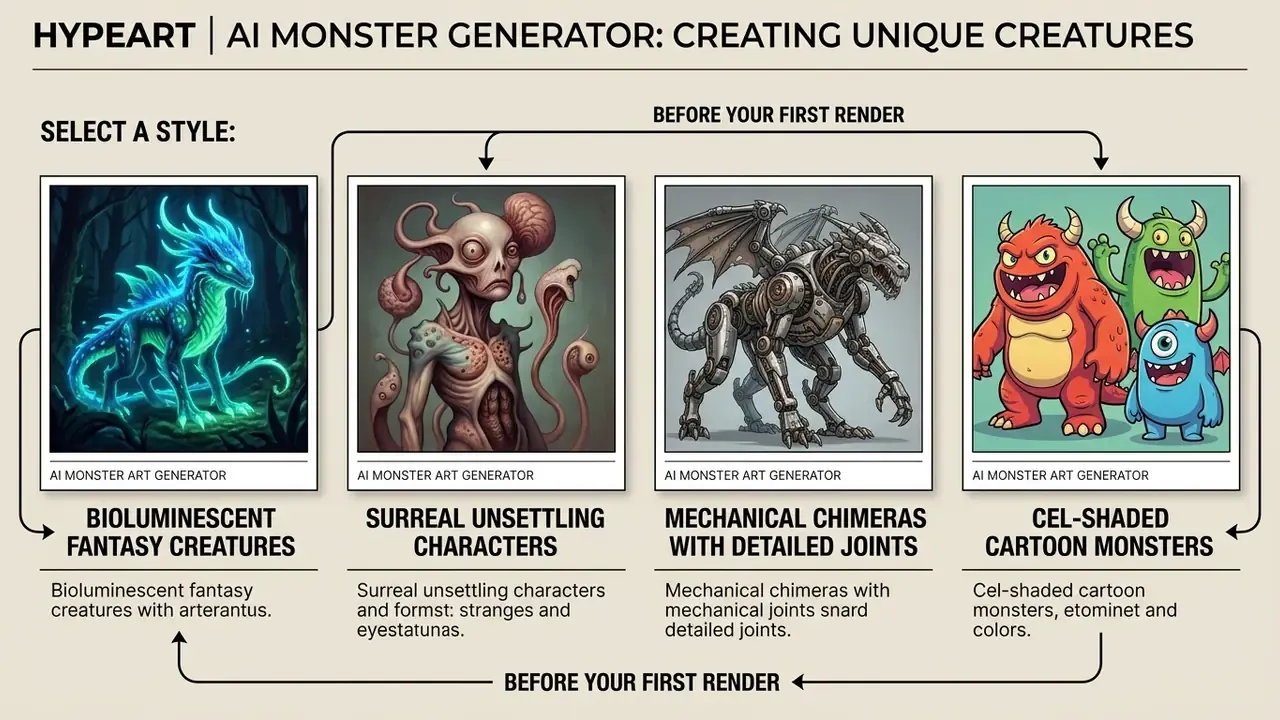 Four distinct monster art styles including bioluminescent, surreal, mechanical, and cartoon creatures