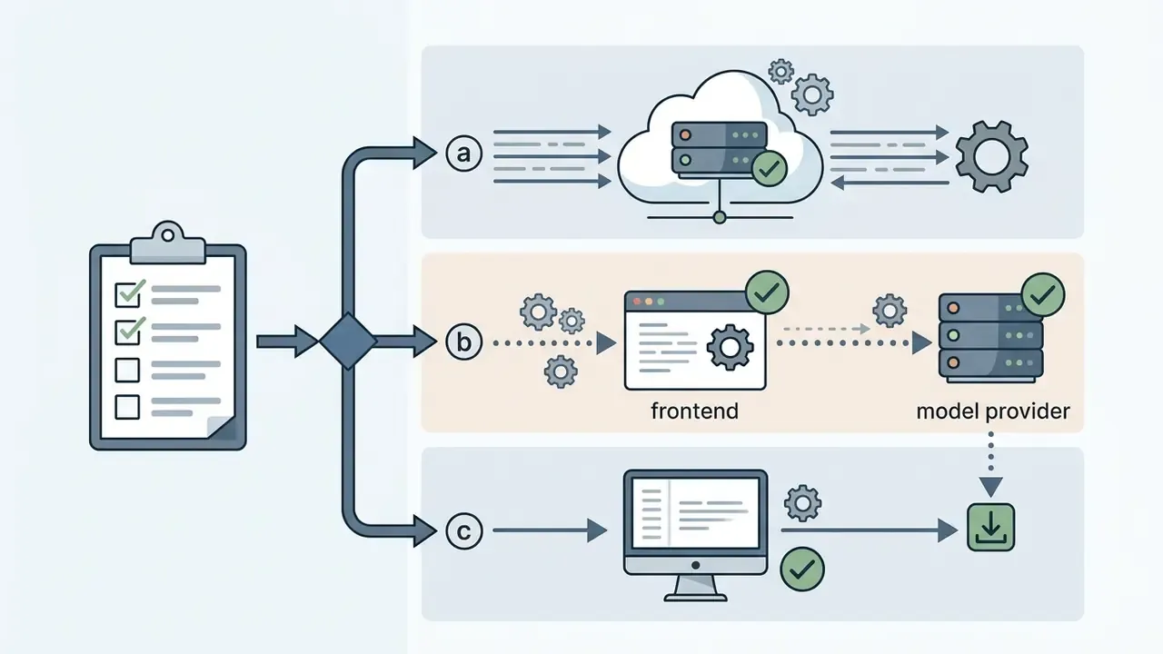 Checklist icon branching into three distinct data paths for cloud, frontend, and local model deployment