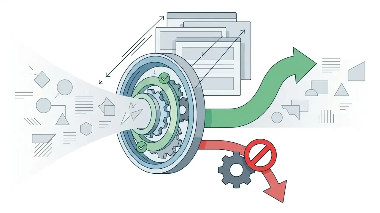 Abstract representation of data passing through a filter mechanism with green and red output paths