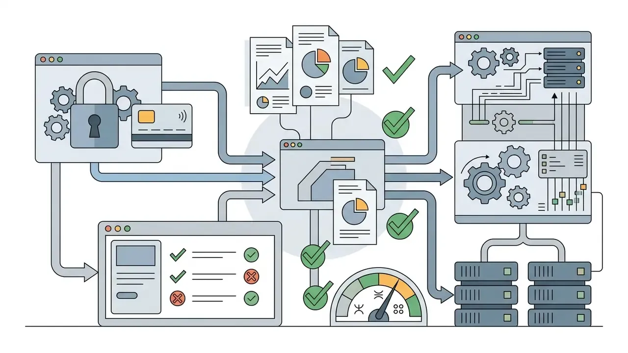 Security and access modules routing data through verification checks to server storage and processing units