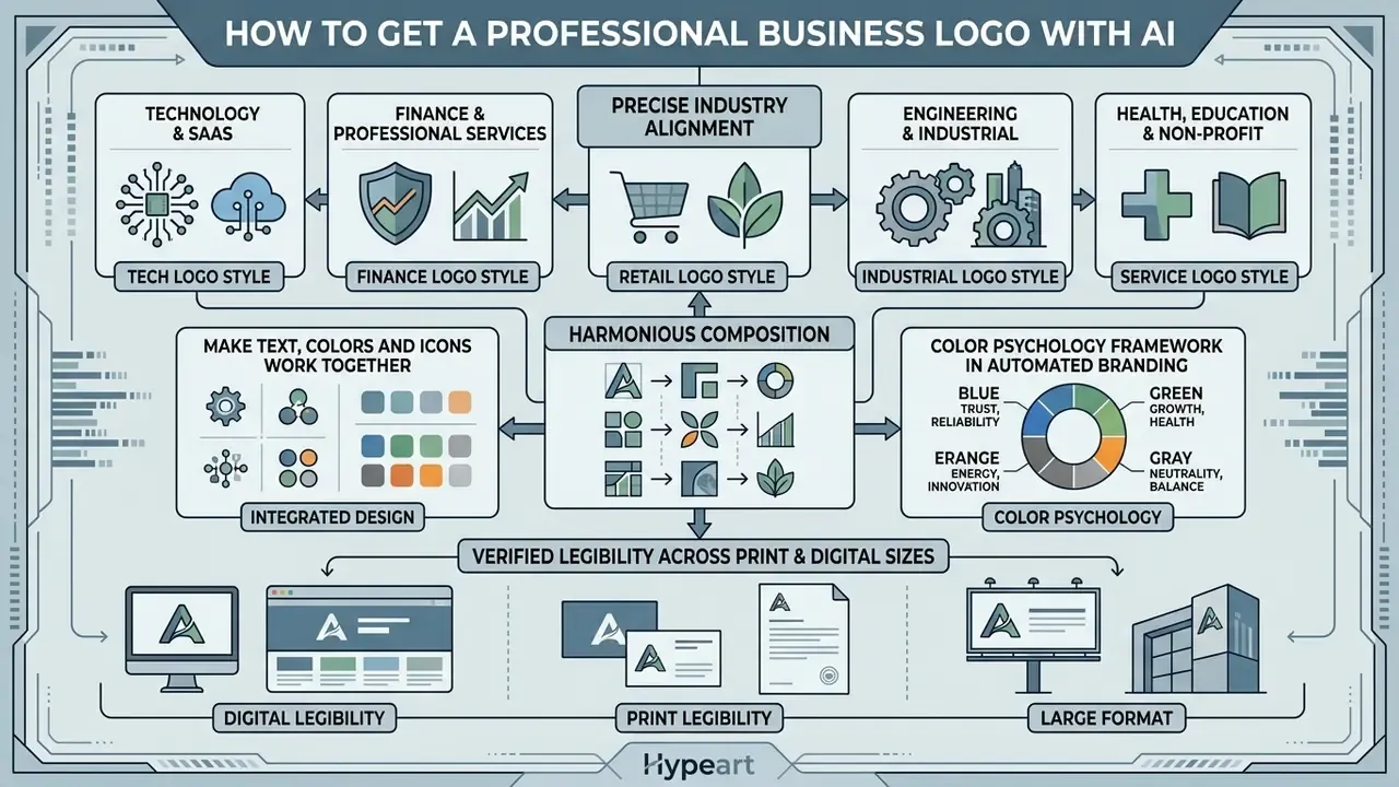 Infographic detailing industry alignment, design composition, and legibility for an ai logo maker