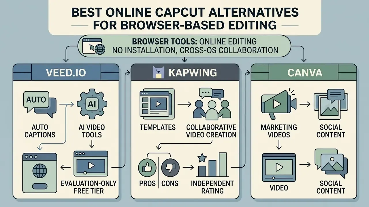 Infographic comparing VEED.IO, Kapwing, and Canva as browser-based video editing tools