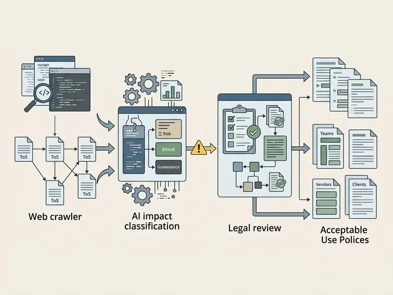 Sequence from web crawling to AI impact classification, legal review, and final acceptable use policies