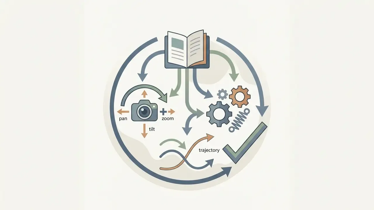Circular graphic showing how text instructions influence camera movements and object trajectories
