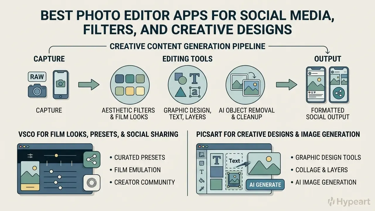 Infographic showing the creative content generation pipeline from initial capture to final social output