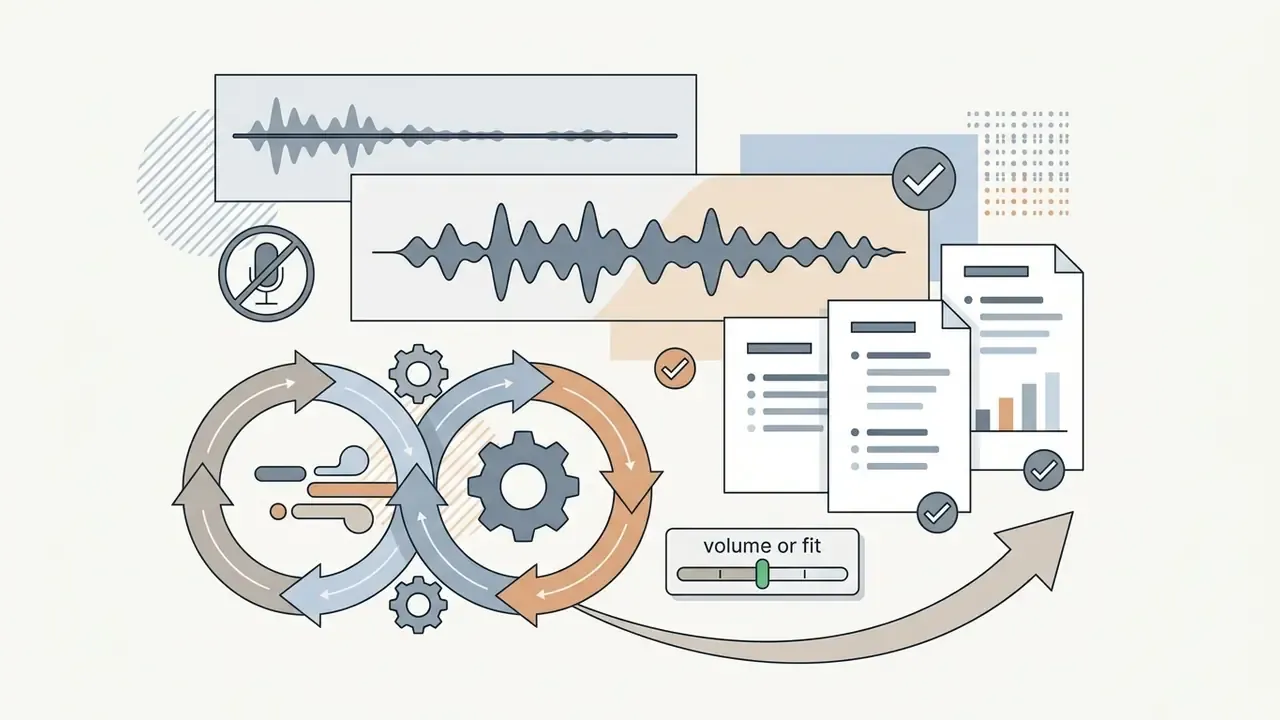 Audio waveforms and document icons connected to a circular gear process with a volume adjustment slider