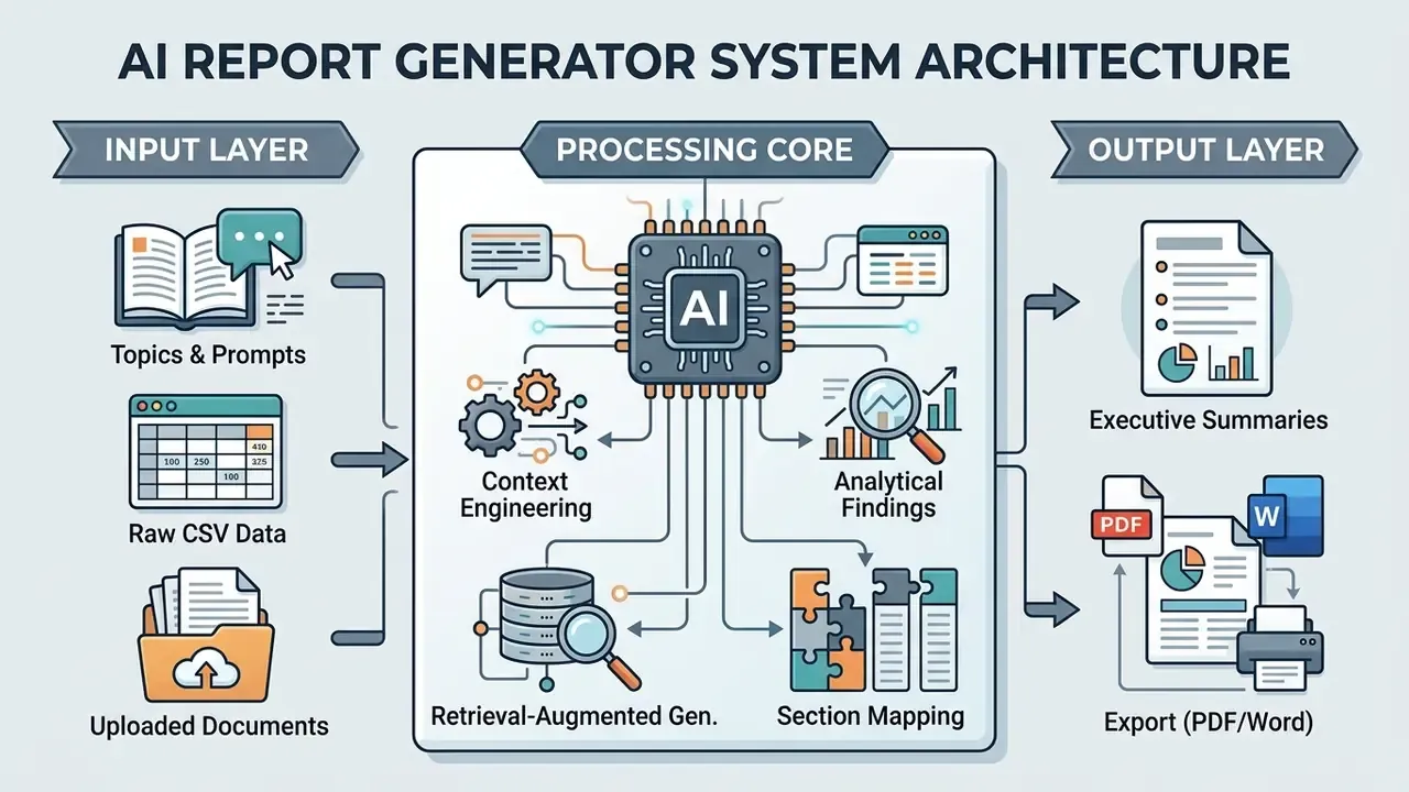 Flowchart showing data inputs, a central AI processing core, and final document exports