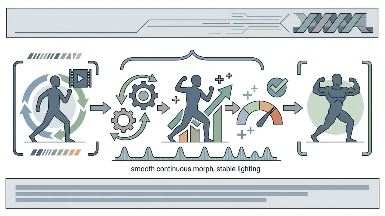 Human figure transforming through gear processing and motion control to reach a muscular final state
