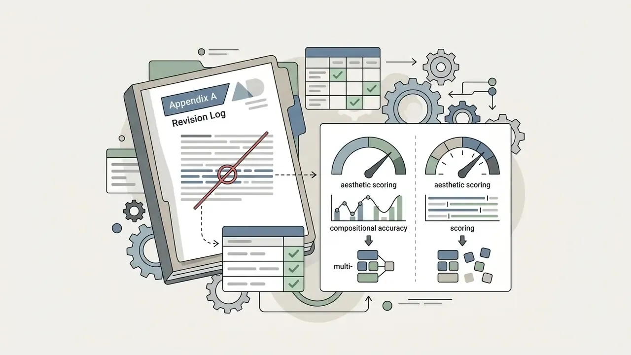 Revision log file connected to gauges and charts measuring aesthetic scoring and compositional accuracy