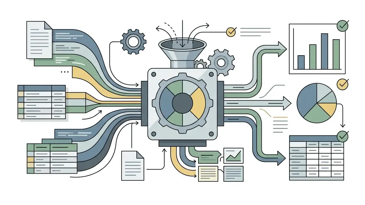 Documents and grids flowing into a central gear processor to generate charts and summarized reports