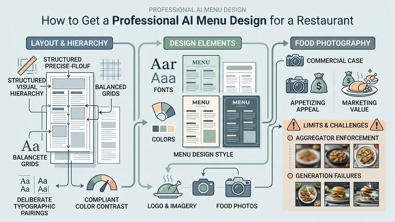 Diagram detailing menu layout, typography, color schemes, and the role of food photography in design