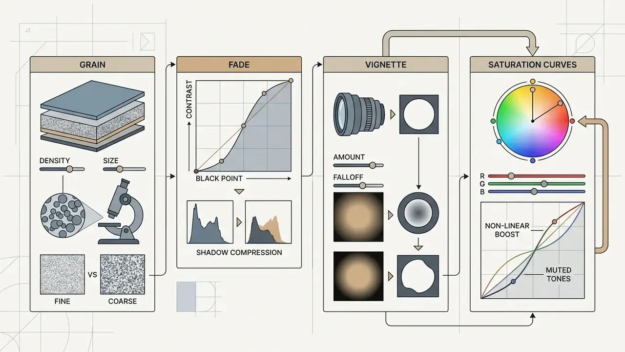 Diagram illustrating film emulation controls for grain, fade, vignette, and saturation curves