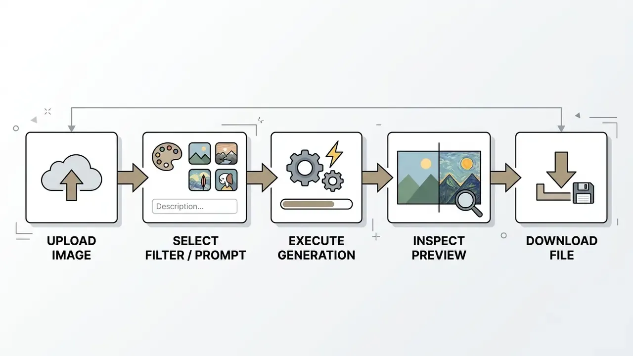 Linear workflow diagram showing steps to upload, select, generate, preview, and download transformed images