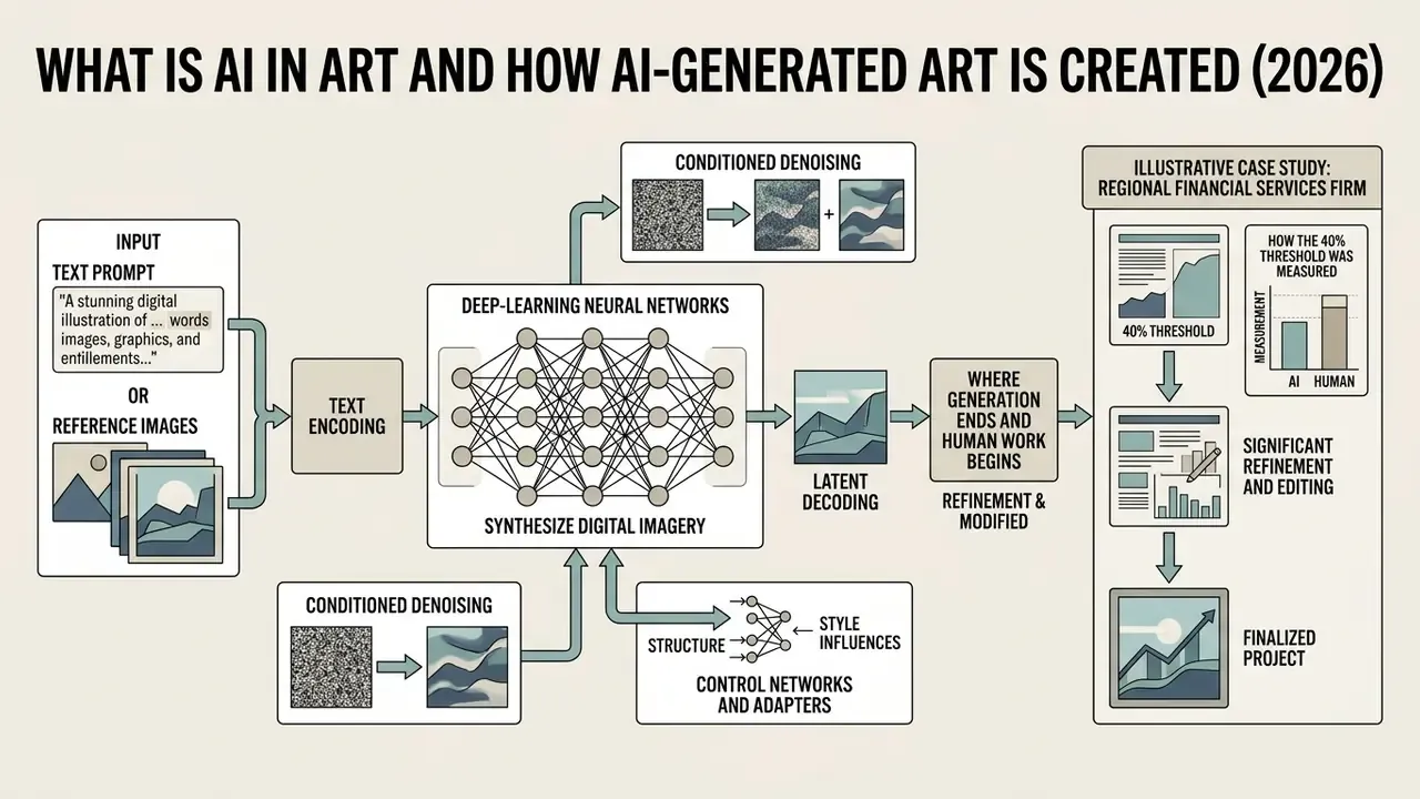 Diagram showing the technical steps of AI in art from text prompts to neural network synthesis and final human editing