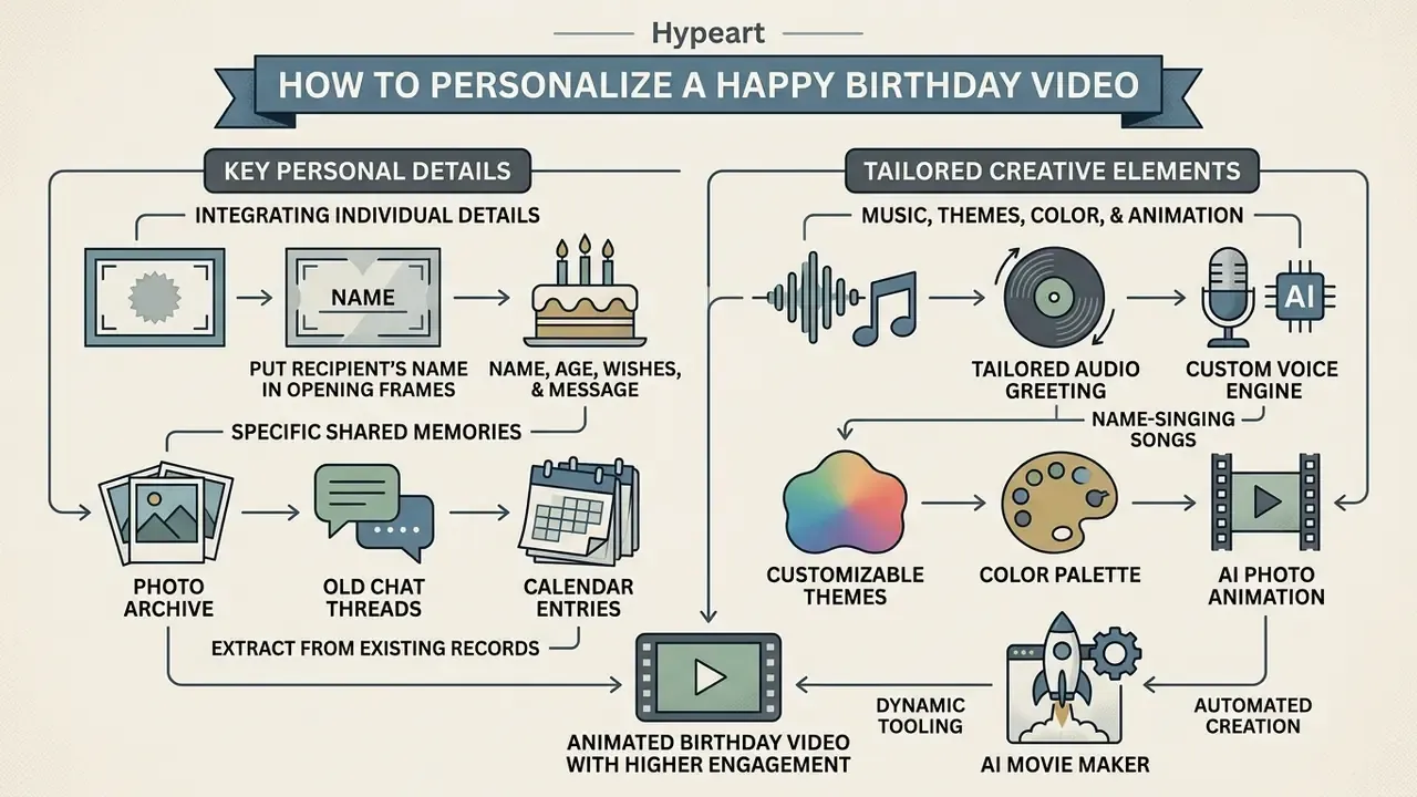 Diagram showing the integration of personal details and creative elements into a custom celebration project