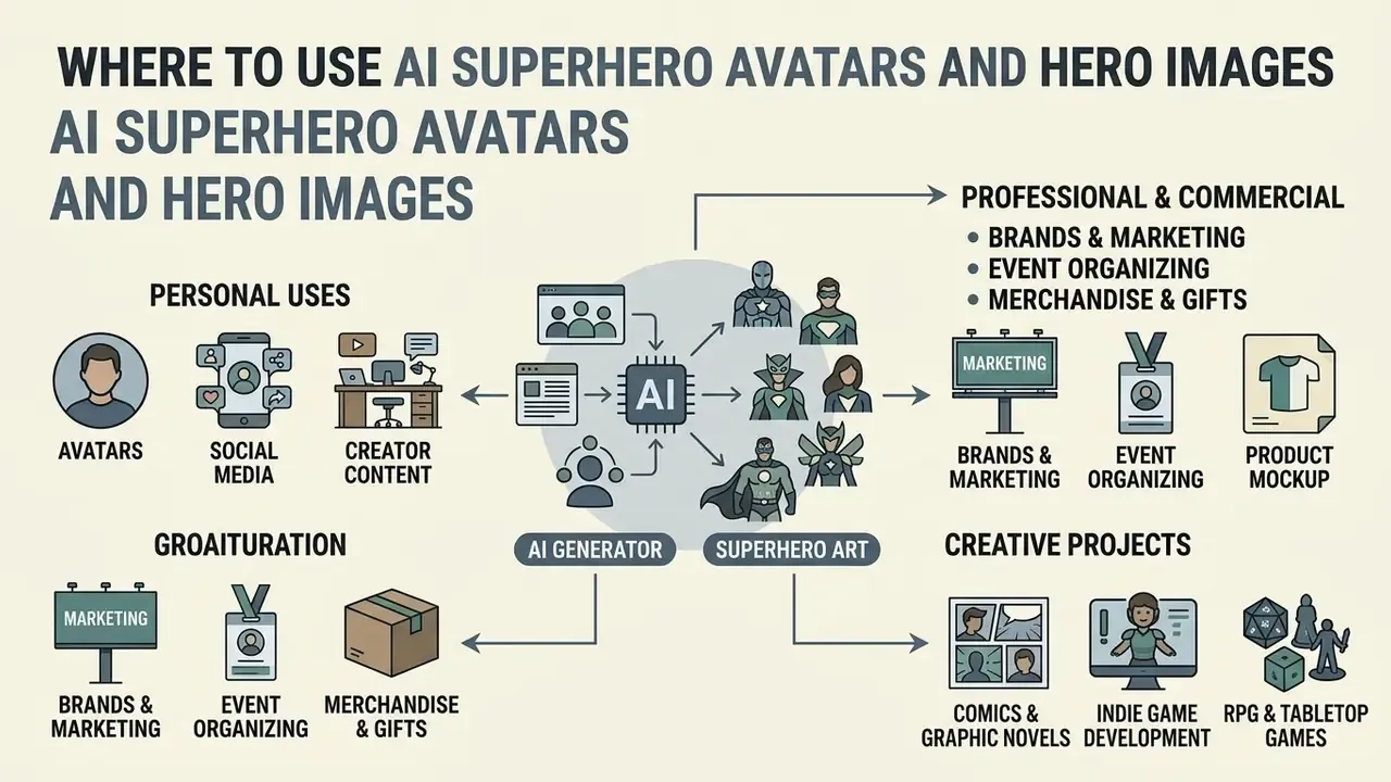 Infographic mapping the diverse personal, commercial, and creative applications for custom hero designs