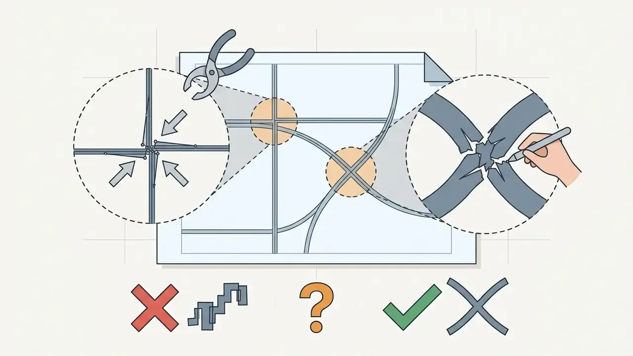 Close-up views of vector path junctions being manually corrected during the image to vector AI process