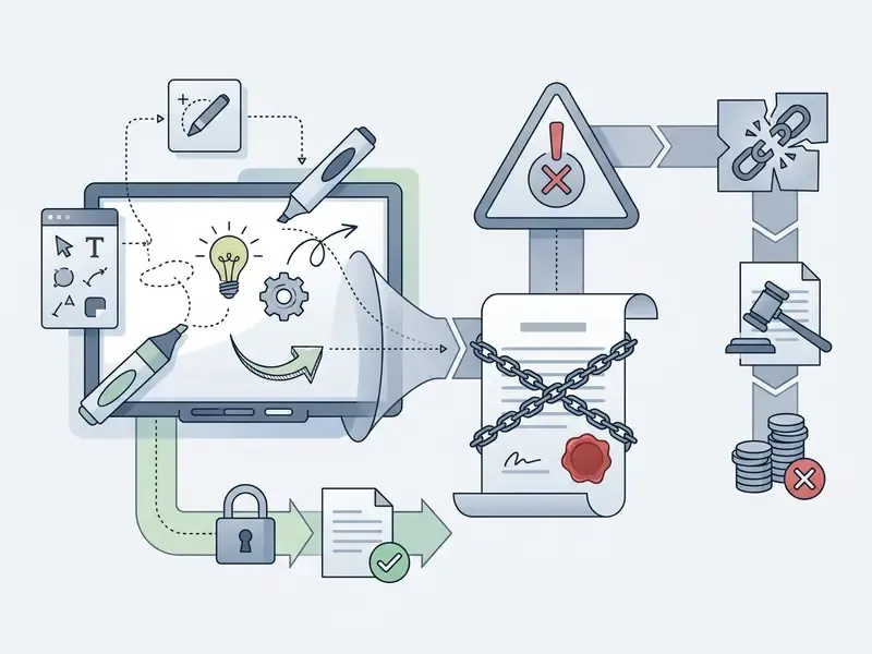 Creative software tools flowing into a chained legal document leading to potential penalties and litigation