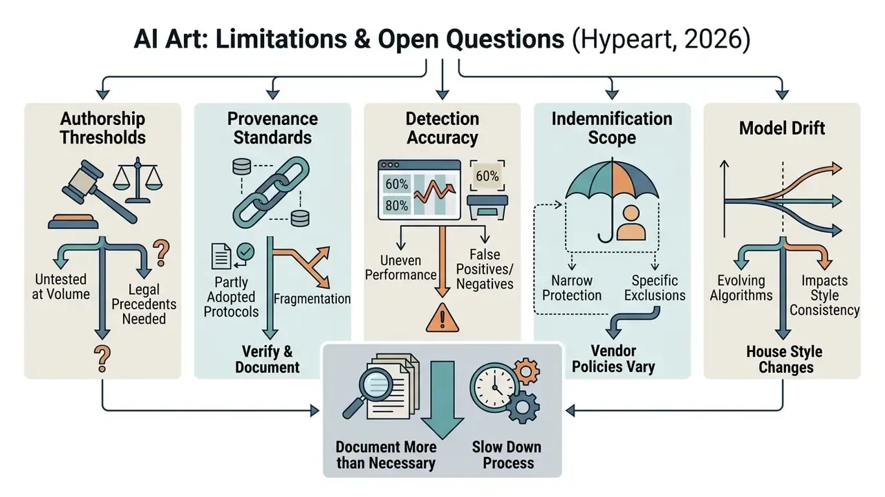 Summary of AI art challenges including authorship, provenance, detection, indemnification, and model drift