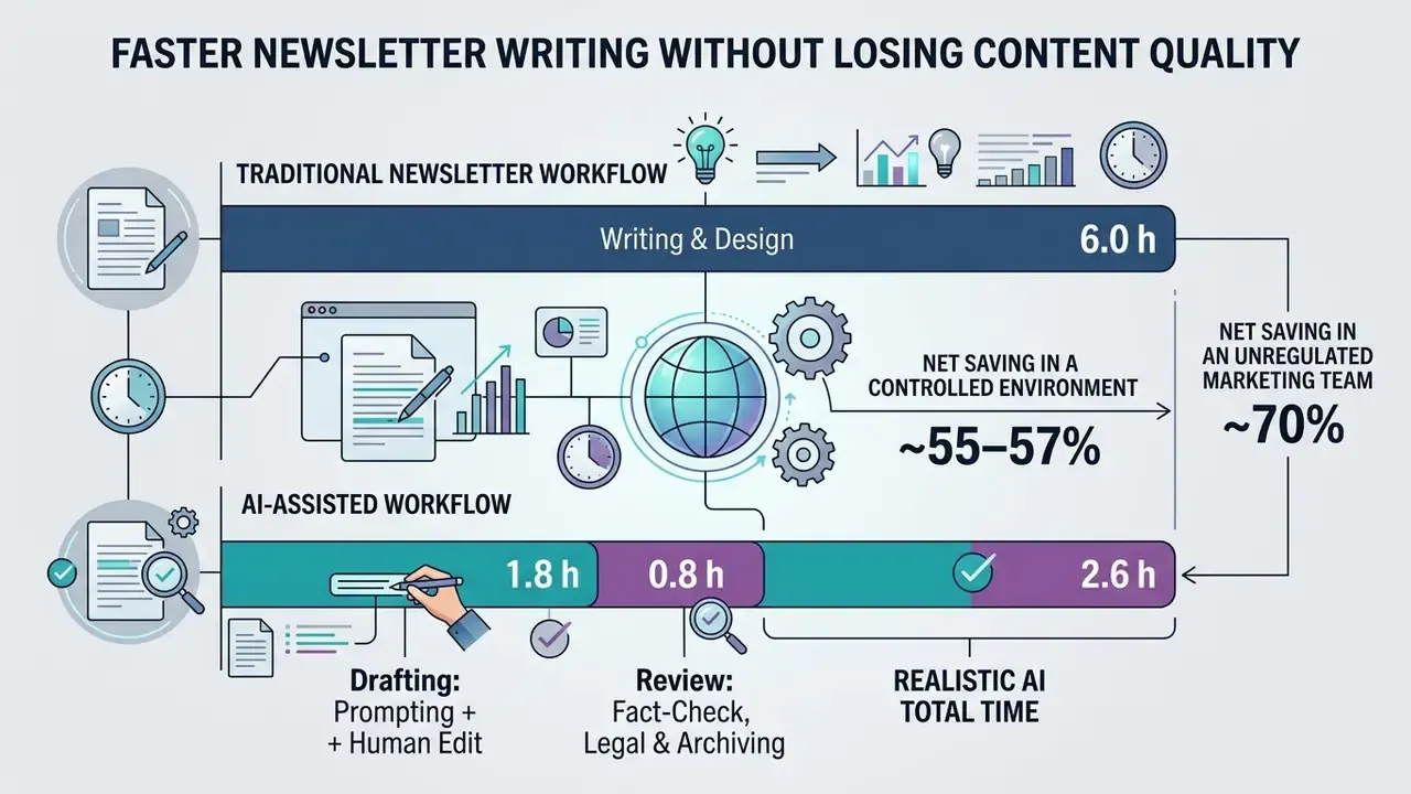 Comparison chart showing time savings between traditional and AI-assisted newsletter production workflows