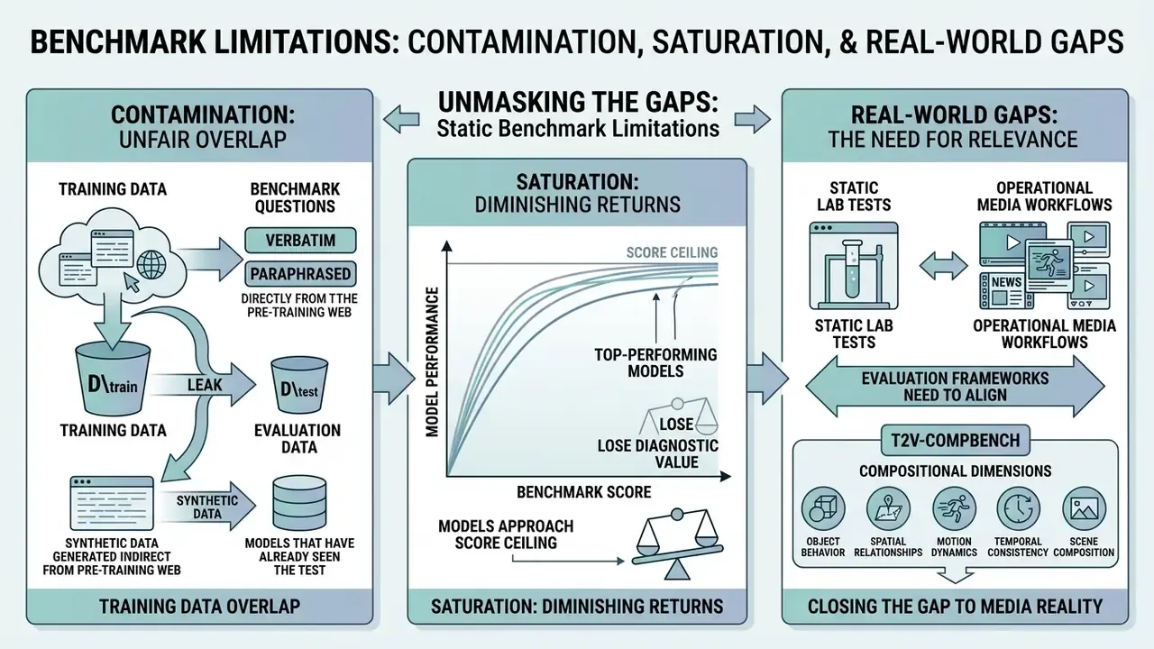 Diagram showing how data contamination, score saturation, and real-world gaps limit AI benchmark utility