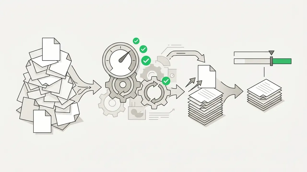 Papers moving through gears and gauges to be sorted into a refined stack with a progress indicator