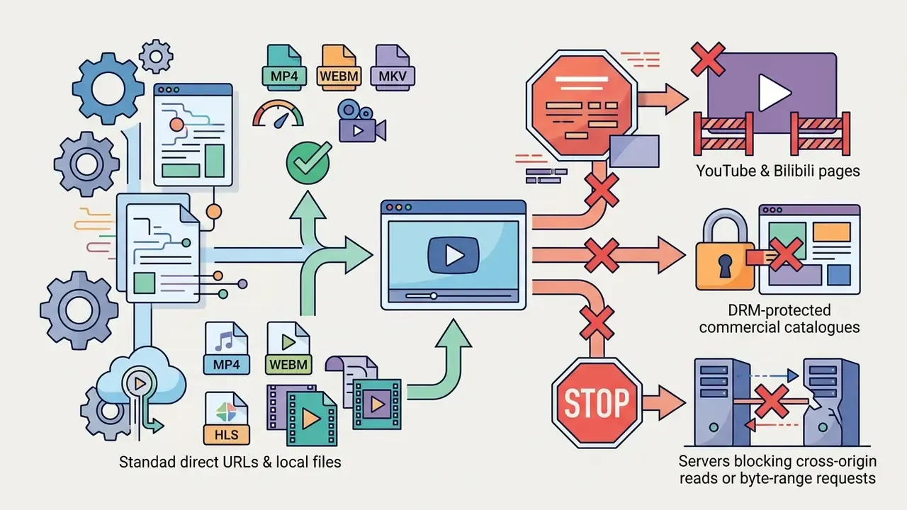 Diagram showing compatible video formats and restricted content types for an online video player