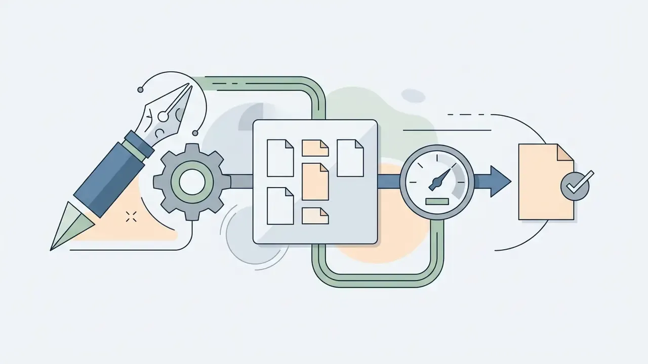 Fountain pen and gear icon processing documents through a gauge to produce a finalized verified file