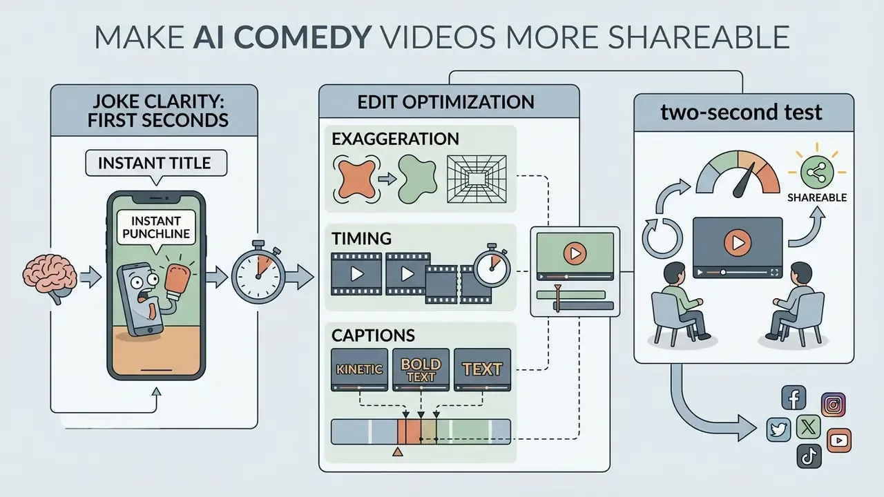 Process diagram showing steps for joke clarity, edit optimization, and the two-second test for video