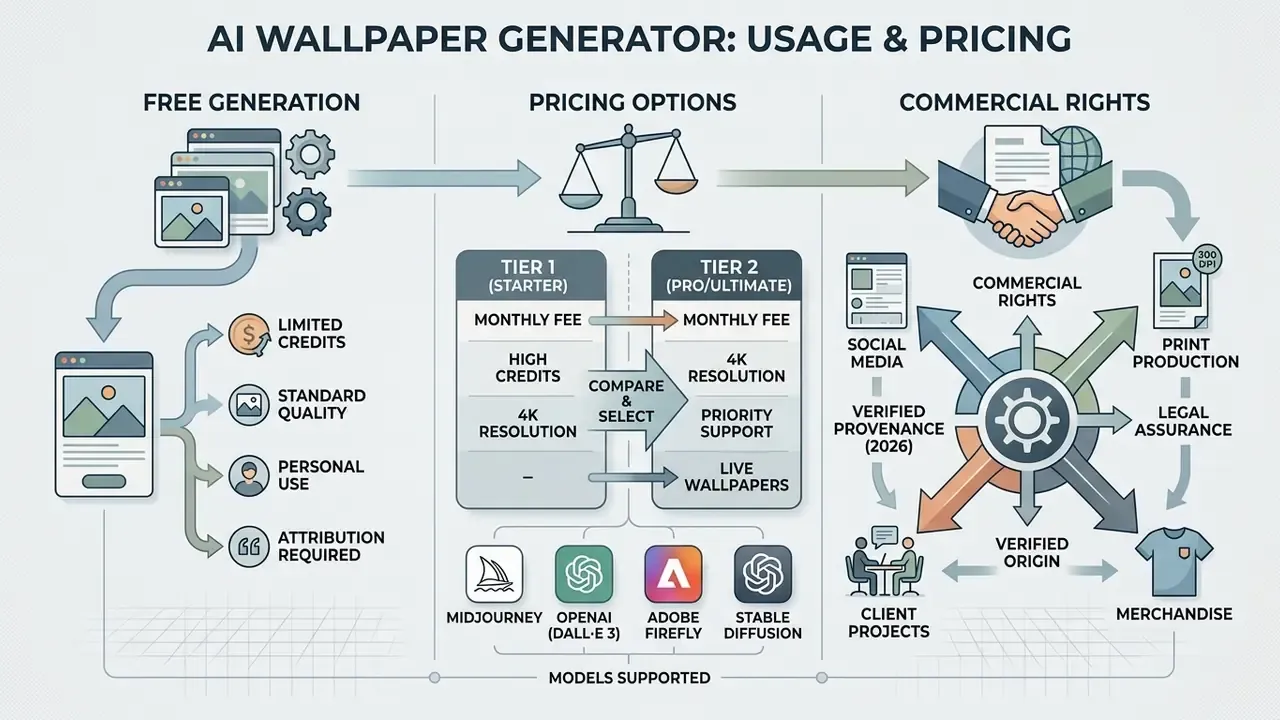 Comparison infographic detailing free generation limits, subscription tiers, and commercial usage rights