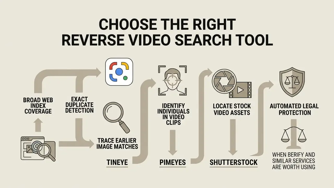 Infographic mapping specific reverse search tools to investigation goals like identifying people or finding assets
