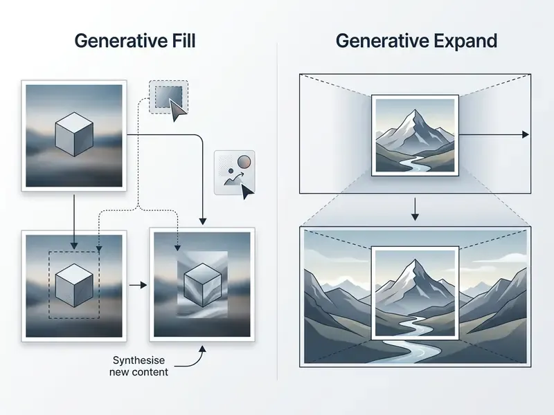 Comparison showing how Generative Fill replaces selected areas and Generative Expand extends image borders