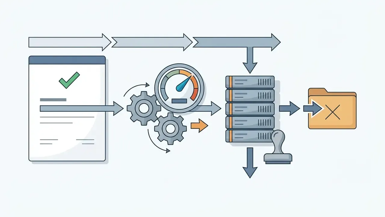 Document with a checkmark passing through gears and a gauge before being stamped and stored in a folder