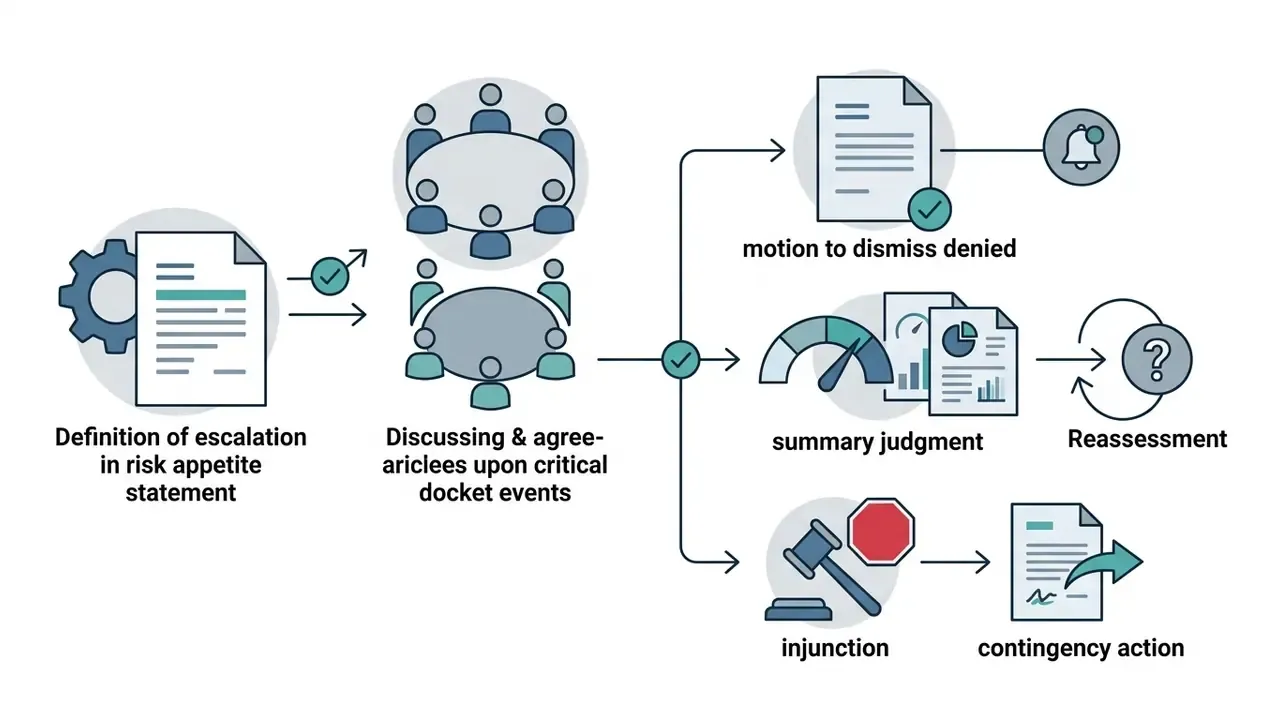 Flowchart showing the process of defining risk appetite and escalating critical legal docket events