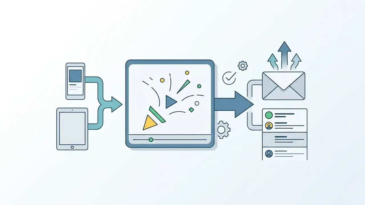 Mobile devices feeding into a central square video player that exports to email and messaging platforms