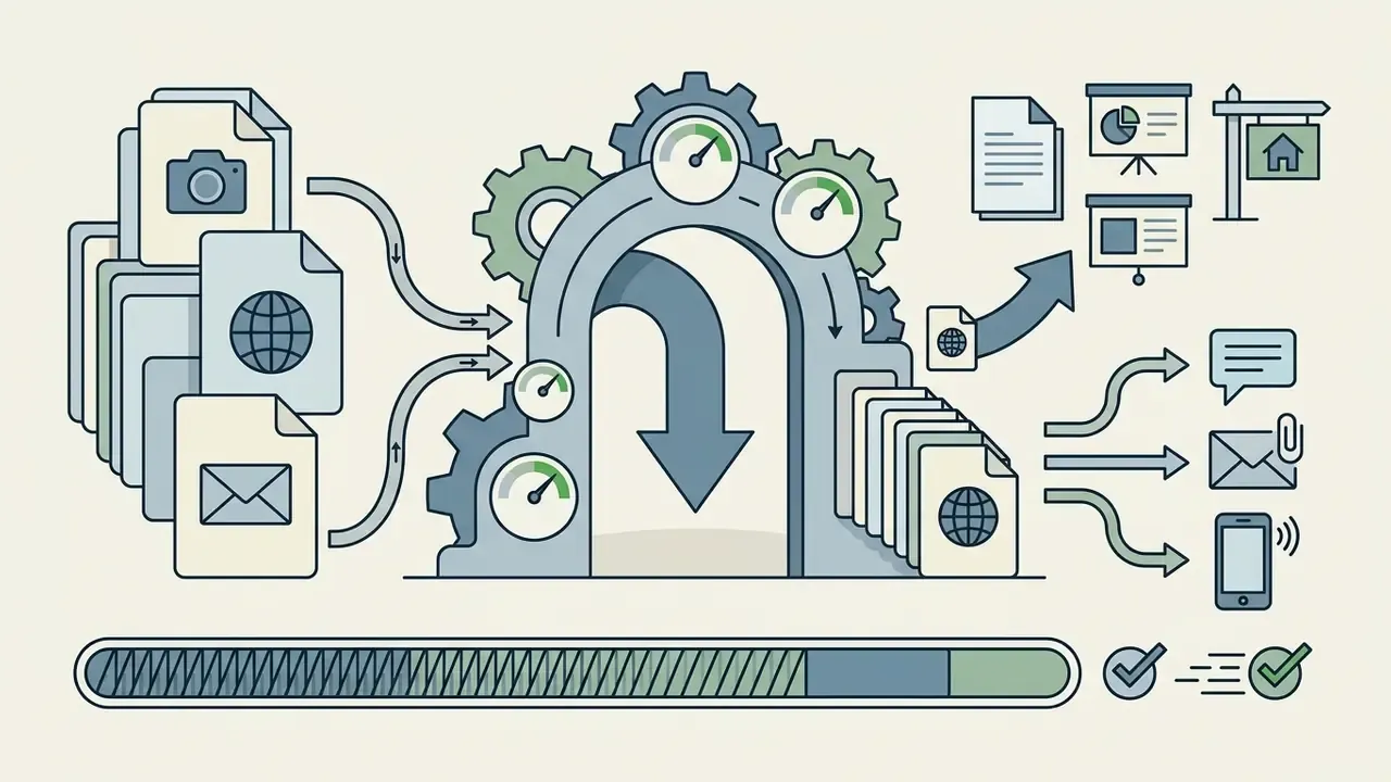 Files flowing through a gear-driven system to make an image smaller for email and mobile distribution