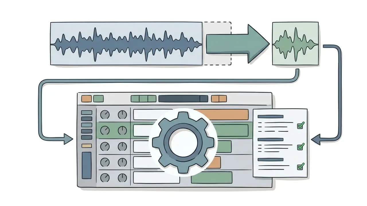 Audio waveform segment being processed into a short logo stinger for integration into a music workstation