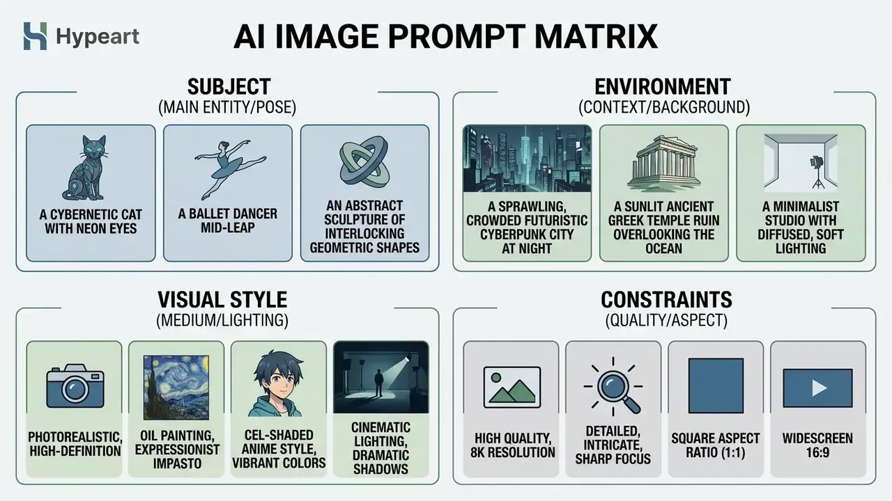 A structured matrix organizing categories like subject, environment, style, and constraints for AI art prompts