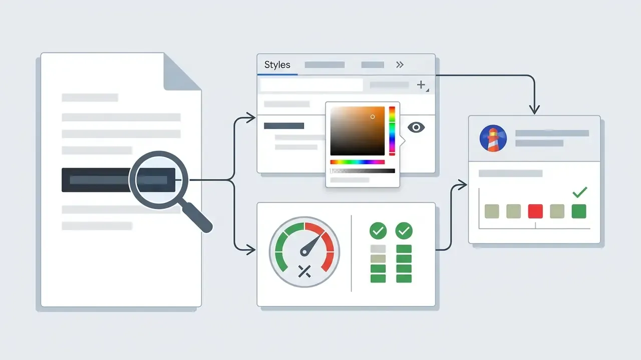 Browser tools inspecting text nodes to check contrast ratios and run accessibility audits