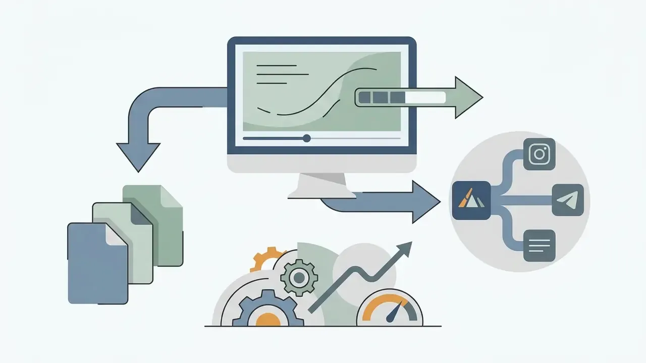 Computer screen exporting processed media files to various social media platforms with speed indicators
