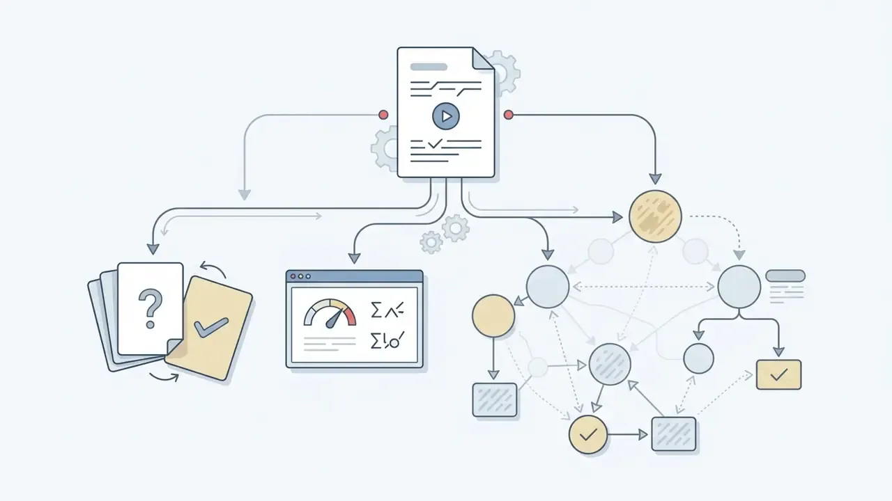 Document with video icon branching into flashcards, a performance dashboard, and a node-based concept map