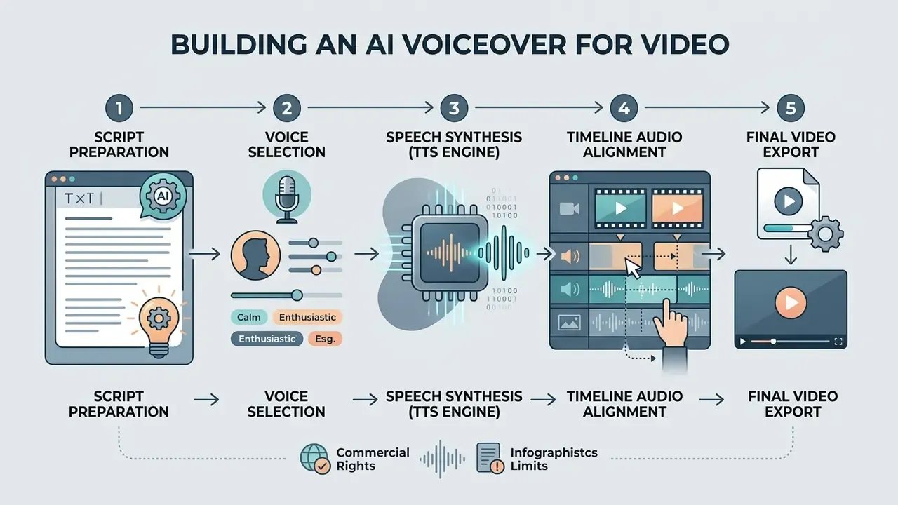 Five step process diagram for creating an AI voice over generator from script to final video export