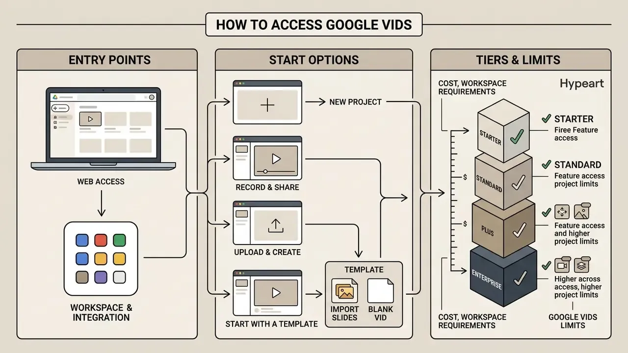 Flowchart showing entry points, project start options, and subscription tiers for Google Vids