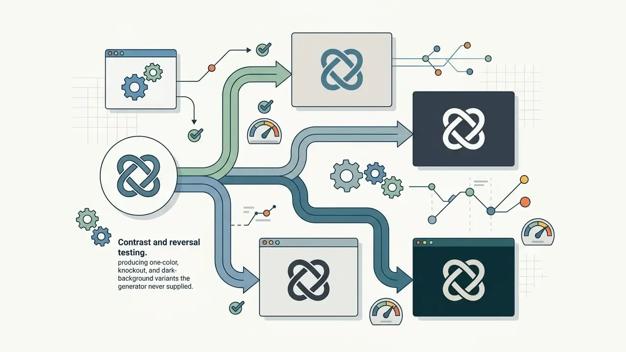 Flowchart showing a logo design branching into various color and background contrast test variants