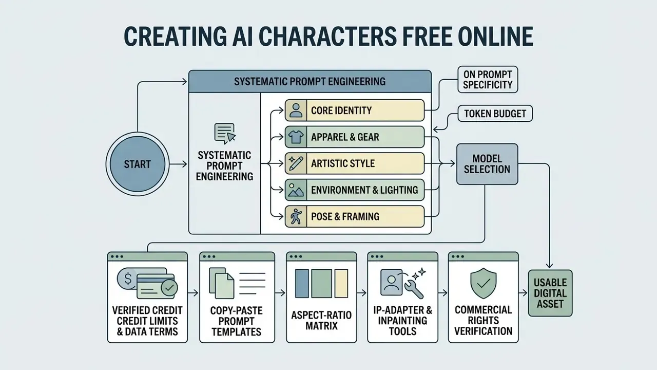 Step-by-step workflow diagram for an ai character generator free online showing prompt and model stages