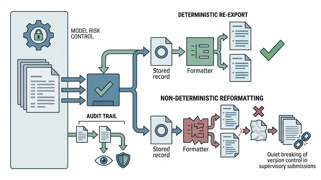 Comparison of deterministic and non-deterministic formatting paths for stored records with audit trails