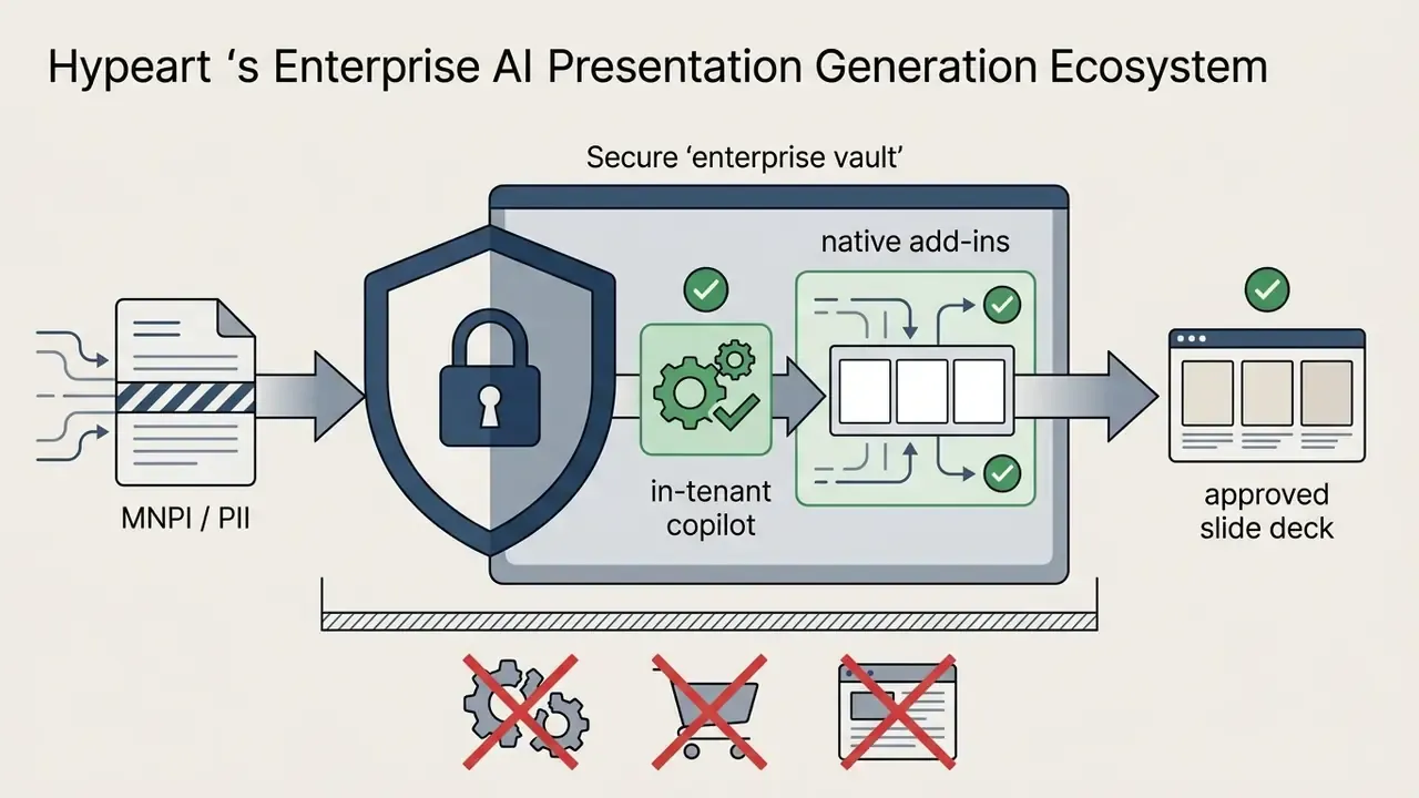 Diagram showing data flow from sensitive documents through an enterprise vault to approved slide decks