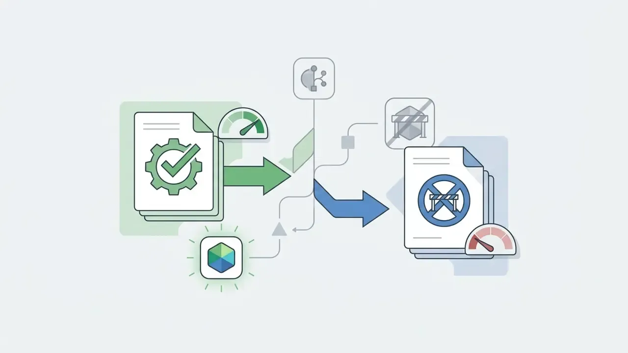 Document icons with gear and restriction symbols connected by arrows to indicate usage right variations
