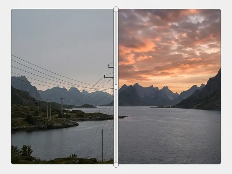 Interactive slider showing a landscape photo before and after AI sky replacement and powerline removal