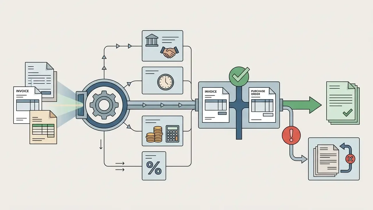 Invoices processed through a gear system to match purchase orders or flag errors for manual review